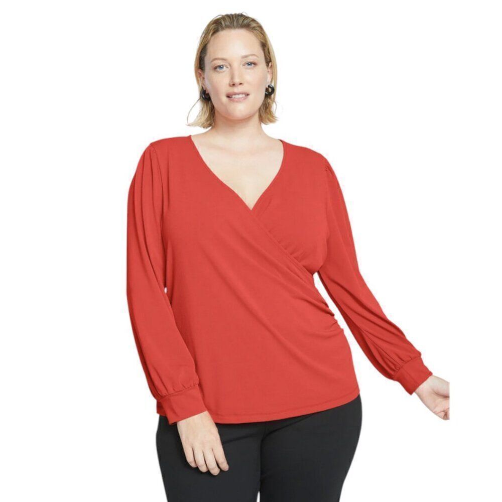 Universal Standard Women's M Crepe Jersey Gathered V-Neck Blouse Vermilion Red